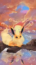  absurdres black_eyes bubble clouds commentary_request downturned_eyes fishburi flareon highres no_humans outdoors pokemon pokemon_(creature) pokemon_focus reflection reflective_liquid sky sunset water 