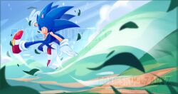  1boy artist_name blue_fur closed_eyes commentary english_commentary foxieskullzartz furry furry_male gloves grin highres jumping male_focus red_shoes shoes smile sonic_(series) sonic_the_hedgehog sparkle watermark white_gloves 