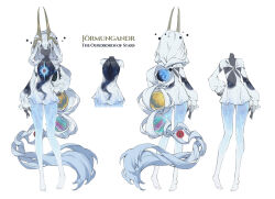 1girl absurdly_long_hair barefoot black_hole colored_skin commentary_request dosol dress english_text fangs feet frilled_sleeves frills full_body grey_skin hair_ornament highres korean_commentary long_hair long_sleeves multicolored_eyes multicolored_skin multiple_views open_clothes open_dress original planet_hair_ornament reference_sheet ringed_eyes simple_background starry_sky_print toes very_long_hair violet_eyes white_background white_dress white_hair white_skin 