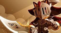  1boy armor black_fur english_commentary fangs furry furry_male hedgehog_boy helmet highres holding holding_sword holding_weapon lancelot_(sonic) male_focus shadow_the_hedgehog sirpyes sonic_(series) sonic_and_the_black_knight sword weapon 