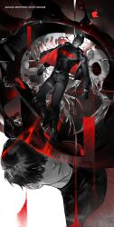  batman_(series) batman_symbol black_bodysuit black_gloves black_hair blue_eyes bodysuit commentary dc_comics domino_mask eye_mask gloves highres jacket jason_todd male_focus mask multicolored_bodysuit multicolored_jumpsuit multiple_boys muscular muscular_male pants red_hood_(dc) red_hood_and_the_outlaws robin_(dc) short_hair superhero_costume taku_1881292884 taut_bodysuit taut_clothes two-tone_bodysuit western_comics_(style) 