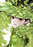  1boy :3 artist_name black_eyes black_hair blush from_side gon_freecss green_jacket highres hunter_x_hunter jacket leaf leaf_hat looking_at_viewer male_focus nwocp outdoors short_hair smile solo white_background 