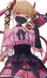  1girl absurdres bare_shoulders black_choker black_mask black_ribbon blonde_hair card chernobog_(monster_strike) choker commentary_request corset demon_horns dokon eyelashes hair_ornament hair_ribbon highres holding holding_card horns jirai_kei mask monster_strike mouth_mask pink_eyes pink_shirt pink_skirt ribbon shirt skirt solo standing tail twintails white_background 