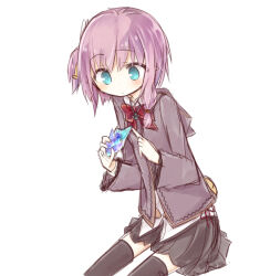  1girl amakaze_sora black_skirt black_thighhighs blue_eyes blush bow brown_jacket closed_mouth holding hood hood_down hooded_jacket jacket one_side_up original pink_hair pleated_skirt pointy_ears red_bow simple_background skirt solo thigh-highs white_background 