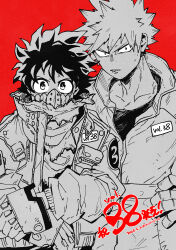  2boys alternate_costume badge bakugou_katsuki behind_another boku_no_hero_academia bright_pupils cape clothing_request collarbone commentary_request covered_mouth crew_neck cross_scar crossed_wrists dated foreground_text freckles furrowed_brow gloves greyscale_with_colored_background grid_teeth hair_between_eyes hand_on_own_hip hatching_(texture) highres jacket linear_hatching long_sleeves looking_at_viewer male_focus mask midoriya_izuku mouth_mask multiple_boys nikaidou_iroha official_alternate_costume open_clothes open_jacket partial_commentary pouch puffy_long_sleeves puffy_sleeves red_background sanpaku scar scowl short_hair simple_background slit_pupils spiky_hair spot_color straight-on torn_cape torn_clothes translation_request tsurime twitter_username unzipped upper_body v-shaped_eyebrows zipper_pull_tab 