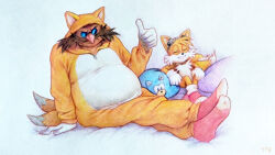  2boys animal_ears closed_eyes closed_mouth colored_pencil_(medium) commentary cosplay dr._eggman english_commentary facial_hair fox_boy fox_ears furry furry_male grin male_focus multiple_boys multiple_tails mustache onesie smile sonic_(series) sonic_the_hedgehog tail tails_(sonic) tails_(sonic)_(cosplay) thumbs_up totesfleisch8 traditional_media yellow_fur 