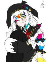  2girls beret black_hair black_hat black_jacket bow closed_mouth collared_shirt colored_tips commentary_request contrast_collar crown crying crying_with_eyes_open flower hair_bow hair_flower hair_ornament hat hawk1527e heterochromia highres hug jacket jacket_partially_removed jogasaki_noah long_hair looking_at_viewer mahou_shoujo_no_majo_saiban mini_crown multi-tied_hair multicolored_eyes multicolored_hair multiple_girls neck_ribbon nikaido_hiro off_shoulder polka_dot polka_dot_bow red_eyes red_flower ribbon shirt simple_background smile streaked_hair tears white_background white_hair white_shirt yellow_eyes yuri 