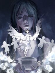  2girls alien_stage anirrie artist_collaboration black_hair commentary dress english_commentary giant giantess highres holding long_hair meyimai mini_person minigirl mizi_(alien_stage) multiple_girls paper_doll pink_hair short_hair signature sua_(alien_stage) white_dress white_wings winding_key wings 