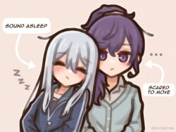  ... 2girls asahina_mafuyu blush closed_mouth english_text grey_hair hair_between_eyes highres leaning_on_person long_hair long_sleeves multiple_girls ponytail project_sekai purple_hair shimejimee sidelocks simple_background sleeping sleeping_on_person twitter_username very_long_hair violet_eyes yoisaki_kanade zzz 