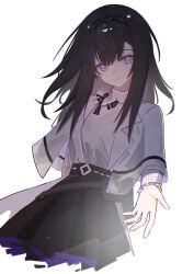  1girl absurdres arknights black_hair black_hairband black_skirt bow bright_pupils chinese_commentary chromatic_aberration closed_mouth commentary_request cropped_legs english_commentary film_grain hairband highres jacket lapels li_xi_xigua_zi light_particles long_hair long_sleeves looking_at_viewer mixed-language_commentary open_clothes open_jacket outstretched_hand pink_eyes pleated_skirt priestess_(arknights) shirt simple_background skirt smile solo split_mouth turtleneck turtleneck_shirt white_background white_bow white_jacket white_pupils white_shirt 