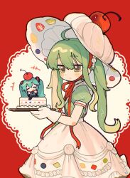  +++ 2girls :t ahoge aqua_necktie cake cherry cherry_hat_ornament chibi closed_eyes closed_mouth collared_shirt commentary cowboy_shot dual_persona food food_on_head fruit fruit_on_head gloves green_eyes green_hair green_shirt grey_shirt hat hatsune_miku holding holding_plate jitome long_hair mini_person minigirl multiple_girls necktie object_on_head open_mouth plate puffy_short_sleeves puffy_sleeves red_ribbon ribbon shirt short_sleeves skirt smile suuroku twintails vocaloid white_gloves white_hat white_skirt 