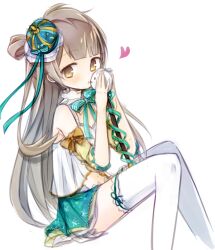  1girl amakaze_sora animal brown_eyes brown_hair camisole closed_mouth commentary_request crown feet_out_of_frame green_skirt hands_up heart holding holding_animal knees_together_feet_apart long_hair love_live! love_live!_school_idol_project minami_kotori mini_crown simple_background sitting skirt solo thigh-highs tilted_headwear very_long_hair white_background white_camisole white_thighhighs 