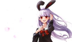  animal_ears black_shirt commission earrings flower hand_in_own_hair hand_on_own_chest hand_up highres jewelry kkkk_(laa2973) long_hair long_sleeves maplestory original rabbit_ears red_eyes school_uniform shirt simple_background standing white_background white_hair 