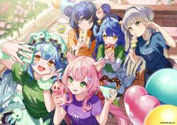  5girls ahoge amamiya_kokoro amamiya_kokoro_(1st_costume) animal_ear_fluff animal_ears balloon bell bench blonde_hair blue_dress blue_eyes blue_hair blue_hat blue_shirt blueberry_fairy booota cat_ears churro commentary commentary_request company_name copyright_name copyright_notice crepe cup dango dog_girl dog_tail dress dress_under_shirt food green_eyes green_scrunchie green_shirt grey_hair hair_bell hair_ornament hairband hand_in_own_hair hat heart_balloon holding holding_churro holding_crepe holding_cup holding_food holding_phone holding_sandwich long_hair long_sleeves low_twintails multicolored_hair multiple_girls nijisanji nijisanji_en nijisanji_fes_t-shirt nijisanji_kr official_art open_mouth orange_shirt outdoors phone pink_hair ponto_nei purple_shirt sandwich sanshoku_dango scrunchie second-party_source shioriha_ruri shirt short_sleeves smile tail taking_picture twintails twisty_amanozako v virtual_youtuber wagashi wooden_bench x_hair_ornament yang_nari yellow_eyes 