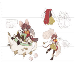  1girl animal_ears asymmetrical_sleeves brown_pantyhose character_name commentary_request cup full_body hair_between_eyes highres holding holding_mallet hosato_mikine long_sleeves mallet mismatched_sleeves mouse_ears mouse_girl mouse_tail multiple_views official_art orange_ribbon pantyhose project_grimms puffy_long_sleeves puffy_sleeves reference_sheet ribbon shield short_hair sitting standing standing_on_one_leg tail teacup translation_request white_background 
