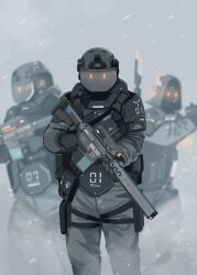  3boys absurdres armor assault_rifle black_gloves bulletproof_vest combat_helmet commentary cowboy_shot fog gloves grey_background grey_pants gun helmet highres holding holding_weapon holster hood mask military military_combat_uniform military_uniform multiple_boys original pants parabellum rifle science_fiction solo_focus thigh_holster untranslatable_commentary weapon 