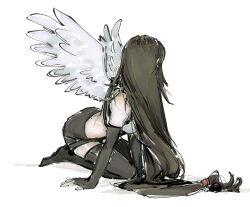  1girl angel_wings arm_support bare_shoulders beerenfuchs black_hair black_skirt black_thighhighs commentary crop_top elbow_gloves feathered_wings feathers final_fantasy final_fantasy_vii final_fantasy_vii_remake fingerless_gloves full_body gloves hand_on_ground kneeling leaning_forward long_hair looking_to_the_side low-tied_long_hair miniskirt no_shoes seiza sitting skirt solo tank_top thigh-highs tifa_lockhart untranslatable_commentary very_long_hair white_background white_feathers white_tank_top wings zettai_ryouiki 