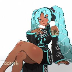 1girl alternate_skin_color aqua_eyes aqua_hair black_dress black_sleeves blue_eyes blue_hair crossed_legs dark-skinned_female dark_skin darkened_skin detached_sleeves dress equatorial_guinean_clothes expressionless full_body half-closed_eyes hand_on_own_chest hatsune_miku headphones highres invisible_chair l33oh long_hair looking_at_viewer mole mole_under_mouth sitting solo twintails very_dark_skin very_long_hair vocaloid 