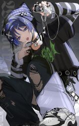  1boy animal_ear_headwear arm_belt arm_up baggy_pants bandaid bandaid_hair_ornament bandaid_on_finger bandaid_on_hand beanie belt bishounen black_belt black_choker black_mask black_nails black_shirt black_sleeves blunt_ends chain chain_around_arm chain_necklace choker commentary cross cross_necklace denim digital_walkman e-kid_fashion earphones earrings eyeliner eyeshadow from_below full_body genshin_impact grey_background grey_pants hair_intakes hair_ornament hand_up hat highres holding holding_mp3_player jeans jewelry layered_sleeves long_sleeves looking_at_viewer makeup male_focus mask mask_pull mouth_mask mp3_player necklace open_mouth pants pom_pom_(clothes) purple_hair purple_hat red_eyeliner red_eyeshadow ring rtms scaramouche_(genshin_impact) shirt shoes short_over_long_sleeves short_sleeves sneakers solo spiked_choker spikes squatting striped_hat striped_sleeves teeth tongue tongue_out torn_clothes torn_jeans torn_pants twitter_username upper_teeth_only variant_set violet_eyes virtual_pet_(toy) walkman_e_series white_belt white_shoes wispy_bangs x_hair_ornament 