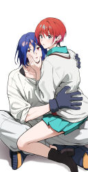 1boy 1girl absurdres amate_yuzuriha aqua_eyes aqua_shirt aqua_skirt black_boots black_gloves blue_hair boots cheek_squash colored_inner_hair commentary crescent crescent_earrings earrings girl_on_top gloves gundam gundam_gquuuuuux hair_behind_ear hand_on_another's_cheek hand_on_another's_face hand_on_another's_shoulder hand_on_another's_waist highres indian_style jewelry looking_at_viewer multicolored_hair on_floor otakulifewow pants red_eyes red_hair school_uniform shirt short_hair shuji_ito simple_background sitting sitting_on_lap sitting_on_person skirt sleeves_rolled_up straddling sweater two-tone_hair wavy_hair white_background white_pants white_shirt white_sweater work_gloves 