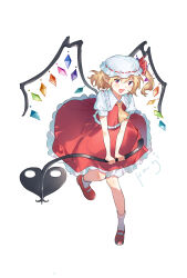  1girl absurdres akanehagi artist_name ascot blonde_hair collared_shirt commentary_request crystal crystal_wings flandre_scarlet frilled_shirt_collar frilled_skirt frills full_body hat hat_ribbon highres holding holding_weapon laevatein_(touhou) looking_at_viewer mary_janes mob_cap multicolored_wings one_side_up pointy_ears red_eyes red_shoes red_skirt red_vest ribbon shirt shoes simple_background skirt skirt_set socks solo touhou vest weapon white_background white_hat white_shirt white_socks wings yellow_ascot 