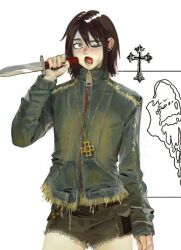  1girl androgynous brown_hair cowboy_shot cross cross_necklace cutoffs eyelashes eyeshadow green_eyes green_jacket gurnerk hair_between_eyes highres holding holding_knife jacket jewelry knife latin_cross light_blush makeup necklace open_mouth original purple_eyeshadow short_hair short_shorts shorts zipper_pull_tab 