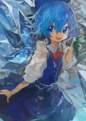  1girl absurdres animal blue_bow blue_dress blue_eyes blue_hair bow cirno collared_shirt commentary detached_wings dress hair_between_eyes hair_bow highres holding holding_animal holding_frog ice ice_wings kaamin_(mariarose753) looking_at_viewer open_mouth pinafore_dress shirt sleeveless sleeveless_dress smile solo touhou white_shirt wings 