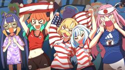  >_< 2026_fifa_world_cup 5girls :d ^_^ absurdres alternate_costume american_flag american_flag_print american_flag_shirt aqua_hair arm_around_shoulder arms_up austrian_flag blonde_hair blue_hair blush_stickers buruhas casual clapping closed_eyes cookie deadbeat_(mori_calliope) earrings eating ebi-chan_(gawr_gura) facial_hair fins fish_tail flag_print food gawr_gura hachimaki headband highres hololive hololive_english holomyth investigator_(watson_amelia) jewelry kfp_employee_(takanashi_kiara) long_hair medium_hair mori_calliope multicolored_hair multiple_girls mustache navel ninomae_ina'nis open_mouth orange_hair pink_hair print_shirt purple_hair shark_tail sharp_teeth shirt short_shorts shorts shutter_shades smile stitches streaked_hair sunglasses tail takanashi_kiara takodachi_(ninomae_ina'nis) teeth tentacle_hair virtual_youtuber white_hair world_cup xd 