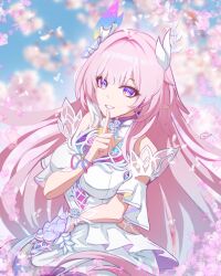  1girl blurry blurry_background breasts cherry_blossoms commentary cyrene_(demiurge)_(honkai:_star_rail) cyrene_(honkai:_star_rail) diamond-shaped_pupils diamond_(shape) dress finger_to_mouth flower hair_flower hair_ornament heatseekergt highres honkai:_star_rail honkai_(series) large_breasts long_hair looking_at_viewer pink_hair pointy_ears shushing smile solo symbol-shaped_pupils very_long_hair violet_eyes white_dress 