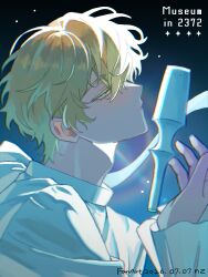  1boy alien_stage blonde_hair colored_eyelashes commentary_request dated english_text from_side half-closed_eyes highres luka_(alien_stage) male_focus microphone nz_(nz_143_) shirt short_hair solo very_short_hair white_shirt yellow_eyes 
