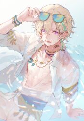  1923rash 1boy alternate_costume alternate_hairstyle aventurine_(honkai:_star_rail) bishounen blonde_hair bracelet braid chinese_commentary commentary_request earrings eyewear_on_head green_hair highres honkai:_star_rail honkai_(series) jewelry looking_at_viewer male_focus multicolored_hair necklace nipples open_clothes open_mouth open_shirt pool shirt short_hair smile solo streaked_hair sunglasses tattoo violet_eyes virtual_youtuber water wet wet_clothes white_shirt 