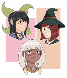  3girls bell black_eyes black_hair black_hat bob_cut chabashira_tenko choker closed_mouth commentary cropped_head danganronpa_(series) danganronpa_v3:_killing_harmony dark-skinned_female dark_skin english_commentary eyelashes green_ribbon hair_ribbon hat jewelry jingle_bell jroahn long_hair multiple_girls neck_bell necklace outline purple_choker purple_hair red_hair ribbon seashell shell shell_necklace short_hair smile twintails white_hair white_outline witch_hat yonaga_angie yumeno_himiko 