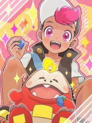  1boy berry_(pokemon) black_jacket blush_stickers collarbone food fuecoco hat holding holding_food jacket knees_up looking_at_viewer male_focus open_mouth oran_berry pink_eyes pokemon pokemon_(anime) pokemon_horizons roy_(pokemon) runachikku short_hair sitting sparkle 