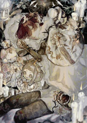  1boy absurdres black_pantyhose blurry candle candlestand cape character_doll commentary crown doll english_commentary fur-trimmed_cape fur_trim highres lying on_side original pantyhose red_hair short_hair sitting thorns y!_(y83_oishi) 