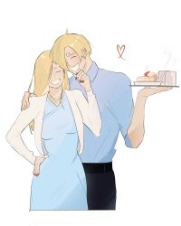  1boy 1girl blonde_hair cake cake_slice commentary curly_eyebrows denjz dress english_commentary facial_hair food goatee hair_over_one_eye highres mother_and_child mother_and_son mustache_stubble one_piece parent_and_child plate sanji_(one_piece) shirt smile stubble vinsmoke_sora 