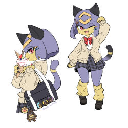  1girl akatsuki_tatsuko animal_ears anubis_(palworld) badge bag blue_fur blue_hair brown_cardigan button_badge cardigan cat_ears cat_girl cat_tail character_badge character_doll claws clothed_pal collared_shirt doll furry furry_female hair_ornament hairclip highres holding holding_ice_cream_cone ice_cream_cone looking_at_viewer multiple_views one_eye_closed open_mouth pal_(creature) palworld plaid_clothes plaid_skirt red_eyes school_bag school_uniform sekhmet_(palworld) shirt simple_background skirt tail two-tone_fur white_background white_shirt yellow_fur 