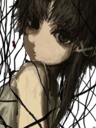  1girl :| asymmetrical_hair brown_eyes cable chemise closed_mouth commentary dress english_commentary from_side hair_ornament highres iwakura_lain looking_at_viewer ranm12s serial_experiments_lain short_hair signature solo spaghetti_strap white_background white_dress x_hair_ornament 