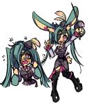  1girl anger_vein animal_ears animal_hands ayekakachan blue_hair boots concept_art crying crying_with_eyes_open epee eyepatch flying_sweatdrops full_body furry hat hat_feather highres long_hair multiple_views open_mouth original pink_eyes rabbit_ears rabbit_girl rabbit_paws rabbit_tail rapier simple_background sketch smile sweatdrop sword tail tears thigh-highs twintails weapon white_background yellow_fur 