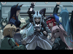  6+girls afu_(amzs8345) ambriel_(arknights) angel animal_collar animal_ears arknights arm_up artist_name bag bang_dream! bang_dream!_it's_mygo!!!!! beret black_border black_dress black_hair black_hat black_horns black_jacket black_pantyhose black_ribbon black_shirt black_skirt black_wrist_cuffs blonde_hair blue_hair blue_ribbon border breasts brown_gloves brown_hair brown_shirt cellphone collar commentary_request crop_top demon_girl demon_horns demon_tail dobermann_(arknights) dog_ears dog_girl dorothy_(arknights) dress fang_(arknights) fang_(cruciata)_(arknights) food food_in_mouth frown fur-trimmed_jacket fur_trim gloves green_jacket hair_between_eyes hair_ribbon hand_grip hat headpiece highres holding holding_phone horns horns_through_headwear horse_ears horse_girl jacket kuro_(arknights) long_hair medium_breasts medium_hair meteor_(arknights) meteor_(elite_ii)_(arknights) missing_halo mouse_ears mouse_girl multiple_girls official_alternate_costume open_clothes open_jacket orange_eyes originium_slug_(arknights) pantyhose pet phone pink_eyes pink_hair pocky pocky_in_mouth pointy_ears puffy_short_sleeves puffy_sleeves red_hair reptile_girl ribbon shirt short_sleeves shoulder_bag side_ponytail sidelocks skirt tail thick_eyebrows togawa_sakiko togawa_sakiko_(master_of_melodia) train_interior vanilla_(arknights) vigna_(arknights) white_hat white_jacket wrist_cuffs yellow_eyes 