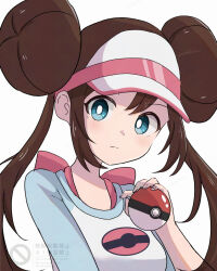  1girl aoneko4ao_(edwf7745) blue_eyes bright_pupils brown_hair closed_mouth commentary double_bun hair_bun hand_up holding holding_poke_ball long_hair looking_at_viewer poke_ball poke_ball_(basic) pokemon pokemon_black_2_and_white_2 raglan_sleeves rosa_(pokemon) shirt sidelocks solo twintails upper_body visor_cap watermark white_pupils 
