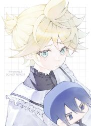  1boy 25-ji_kaito 25-ji_len aqua_eyes blonde_hair character_doll closed_mouth commentary crying crying_with_eyes_open doll frilled_shirt_collar frills grid_background highres holding holding_stuffed_toy kagamine_len kaito_(vocaloid) looking_at_viewer male_focus myeong_8 ponytail project_sekai raised_inner_eyebrows sailor_collar shirt short_hair short_ponytail single_tear solo stuffed_toy tears untranslatable_commentary vocaloid watermark white_background white_sailor_collar white_shirt 