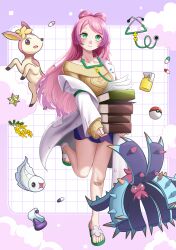  1girl 2_saya absurdres antidote_(pokemon) bandaid bandaid_on_leg book closed_mouth coat commentary_request deerling green_eyes highres holding holding_book korean_commentary leg_up long_hair long_sleeves max_revive miriam_(pokemon) open_clothes open_coat paper pill pink_hair poke_ball poke_ball_(basic) pokemon pokemon_scarlet_and_violet potion_(pokemon) purple_skirt sandals skirt sleeves_past_wrists smile standing standing_on_one_leg stethoscope sweater toxapex tynamo white_coat yellow_sweater 