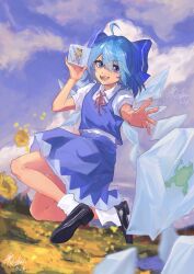  >_< 1girl absurdres ahoge animal_print black_shoes blonde_hair blue_bow blue_dress blue_eyes blue_hair blue_sky bow brown_hat chinese_commentary cirno clouds collared_shirt commentary_request cryokinesis dated day detached_wings dress frog_print frozen frozen_frog hair_between_eyes hair_bow hat heart heart_in_mouth highres ice ice_wings longxiao2784 medium_hair mini_person minigirl moriya_suwako neck_ribbon open_mouth outdoors pinafore_dress print_vest puffy_short_sleeves puffy_sleeves purple_skirt purple_vest red_ribbon ribbon shirt shoes short_sleeves signature skirt sky sleeveless sleeveless_dress socks solo teeth touhou vest white_shirt white_socks wings 