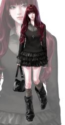  1girl 5_hu absurdres aegyo_sal bag black_bag black_boots black_shirt black_skirt blunt_bangs blush boots brown_eyes brown_socks closed_mouth collared_shirt commentary cross cross_necklace earrings east_asian english_commentary fashion frilled_skirt frills full_body glint grey_shirt hair_over_shoulder handbag highres holding holding_bag jewelry knee_boots kneehighs lace-trimmed_skirt lace_trim layered_shirt light_smile long_hair looking_to_the_side miniskirt necklace nose open_collar original pale_skin pink_lips realistic red_hair shirt sideways_glance simple_background skirt sleeves_past_wrists socks solo standing standing_on_one_leg wavy_hair white_background wing_collar y2k_fashion zoom_layer 