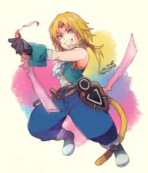  1boy 2014 aqua_vest aqua_wrist_cuffs ascot bare_shoulders belt blonde_hair blue_eyes blue_pants boots brown_belt cat_tail cropped_vest dagger dated dual_wielding earrings final_fantasy final_fantasy_ix full_body gloves grey_boots grey_gloves grin holding holding_dagger holding_knife holding_weapon jewelry knife low_ponytail medu_(rubish) pants parted_bangs ponytail shirt sleeveless sleeveless_shirt smile solo tail teeth twitter_username vest weapon white_ascot white_shirt wrist_cuffs zidane_tribal 