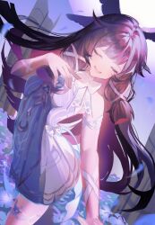  1girl absurdres black_hair bow bowtie closed_eyes columbina_(genshin_impact) commentary dress dutch_angle field flower flower_field genshin_impact hair_flaps hand_on_own_chest head_wings highres kanako_(fuwachu) long_hair multicolored_hair open_mouth pink_hair ribbon smile solo untranslatable_commentary very_long_hair white_dress wings 