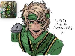  1boy armor blonde_hair commentary cropped_torso dougi english_commentary english_text green_dougi green_hairband hairband highres lloyd_garmadon looking_at_viewer male_focus mask messy_hair mouth_mask ninja ninja_mask ninjago njg_kr open_mouth pauldrons scene_reference shoulder_armor single_pauldron solo straight-on talking white_background 