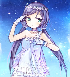  1girl amakaze_sora arm_up bare_shoulders blue_eyes blue_sky closed_mouth dress gloves long_hair love_live! love_live!_school_idol_project low_twintails purple_hair sky smile solo star_(sky) starry_sky swept_bangs tojo_nozomi twintails very_long_hair white_dress white_gloves 