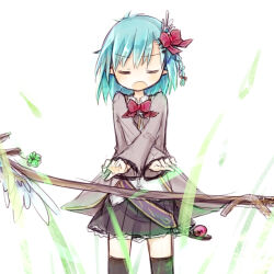  1girl amakaze_sora black_skirt black_thighhighs blue_hair blush bow closed_eyes collared_shirt crossed_arms dress_shirt facing_viewer grey_jacket hair_bow jacket open_mouth original pleated_skirt pointy_ears red_bow shirt skirt solo standing thigh-highs white_background white_shirt 