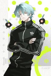  1boy adidas alternate_costume aqua_hair black_jacket black_pants closed_mouth commentary cowboy_shot crossed_arms dottore_(genshin_impact) earrings expressionless genshin_impact highres jacket jewelry kogeru_5 long_sleeves looking_down male_focus pants parted_bangs red_eyes short_hair single_earring solo track_jacket track_pants 